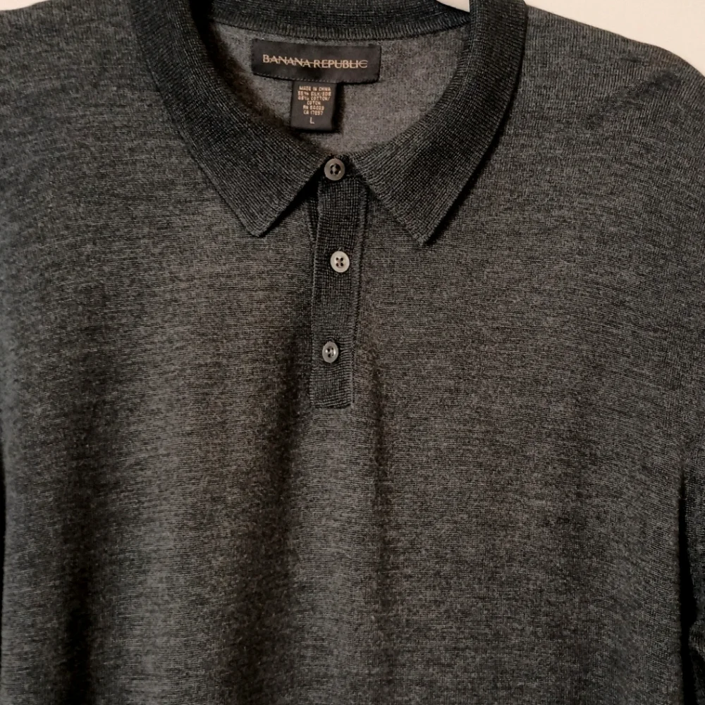 Banana Republic‎ Silk Blend Polo Style Knit Sweater Gray Large Y2K